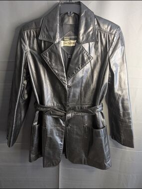 VTG 70s The Tannery Montgomery Ward Black Leather Belted Jacket Trench Coat